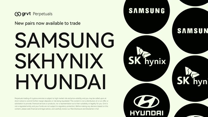GRVT Perpetuals announces new stock trading pairs now available: Samsung, SK Hynix, and Hyundai, shown with circular black logo graphics.