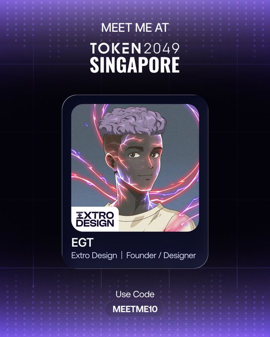 Promotional graphic for Token 2049 Singapore featuring EGT, Founder/Designer at Extro Design, alongside anime-style artwork with pink lightning effects, offering a "MEETME10" discount code.

The image ties into the announcement by serving as a visual invitation to Token 2049 Singapore, where Extro Design (represented by EGT) is offering attendees a discount code to meet up at the Hyperliquid event.