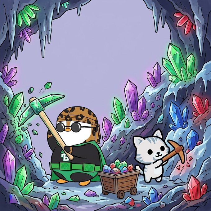 A cute cartoon penguin miner and a white cat with a pickaxe are chipping away at colorful crystals in a glowing cave, with the cat pushing a cart full of gems—perfectly capturing the playful crypto mining vibe of "kitty tokens" and hunting for upgrades after cashing out at all-time highs.
