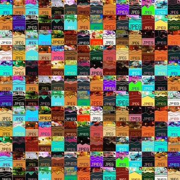 A chaotic grid of small thumbnail images, each labeled with 'JPEG' in various colors, resembling NFT artwork previews or a digital marketplace.