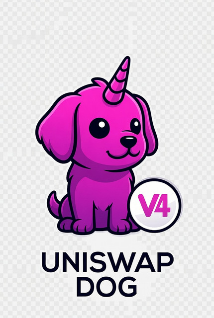 A cartoon purple unicorn-puppy mascot with a single horn sits above the text "UNISWAP DOG," with a circular badge reading "V4" beside it—aligning with the post's promotion of the "$V4DOG" token on Uniswap V4.