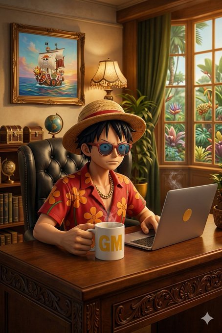 A 3D cartoon-style illustration of a man wearing sunglasses, a straw hat, and a floral Hawaiian shirt sitting at a wooden desk, holding a white mug with gold letters 'GM' while working on a silver laptop in a warmly lit study.