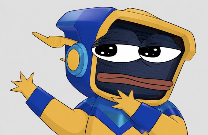 A cartoon character with a blue and yellow helmet and suit has a sleepy, half-lidded expression while making a hand gesture.