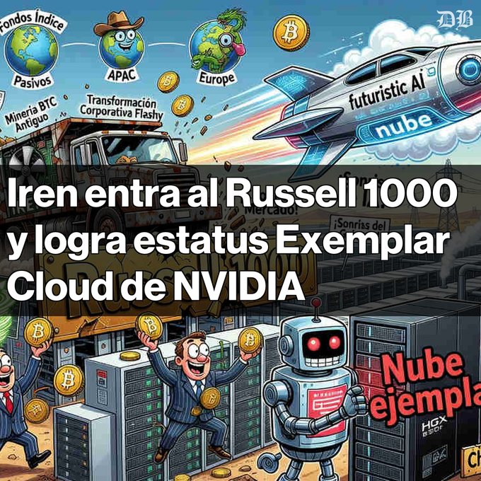 A vibrant cartoon illustration depicts IREN's transformation from a Bitcoin mining operation (shown by a rugged truck labeled "Minería BTC Antiguo" and miners with coins) into an AI cloud powerhouse (represented by a futuristic rocket labeled "futuristic AI nube" and a robot among server racks), with the headline "Iren entra al Russell 1000 y logra estatus Exemplar Cloud de NVIDIA" and supporting visuals of regional markets (APAC, Europe) and "Transformación Corporativa Flashy" imagery highlighting the company's pivot and NVIDIA recognition.