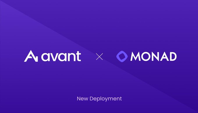 A purple announcement graphic featuring the 'avant' and 'MONAD' logos side by side with an 'x' between them and 'New Deployment' text below.