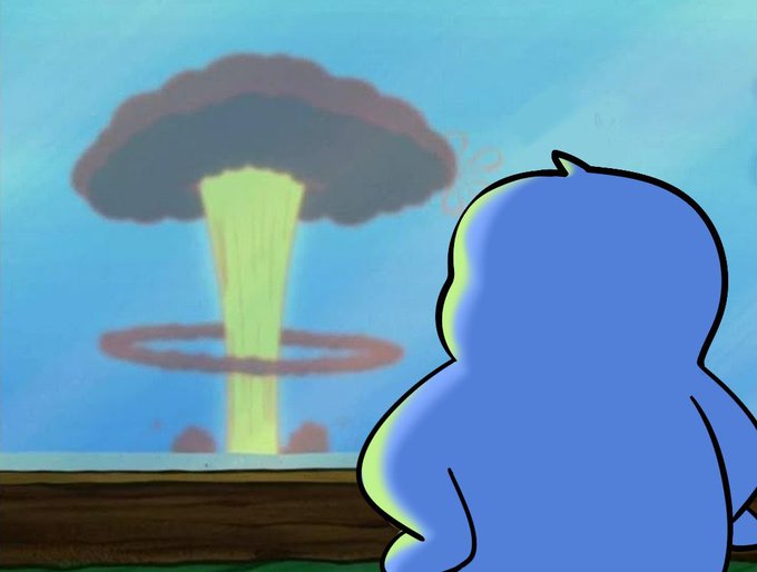 An animated blue character looks out at a massive mushroom cloud explosion in the distance.