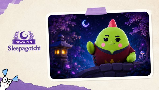 Promotional graphic for 'Season 3 Sleepagotchi' featuring a cute green character with a red crest standing in front of a starry night background with a stone lantern.
