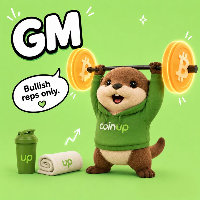 An animated otter character wearing a green 'coinup' hoodie lifts a barbell made of Bitcoin coins. The image features the text 'GM' and a speech bubble saying 'Bullish reps only.'
