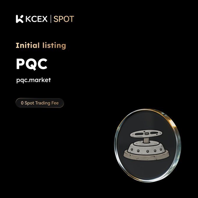 A promotional graphic for KCEX Spot announcing the initial listing of PQC (pqc.market) with 0 Spot Trading Fee, featuring an illustration of a mechanical component.