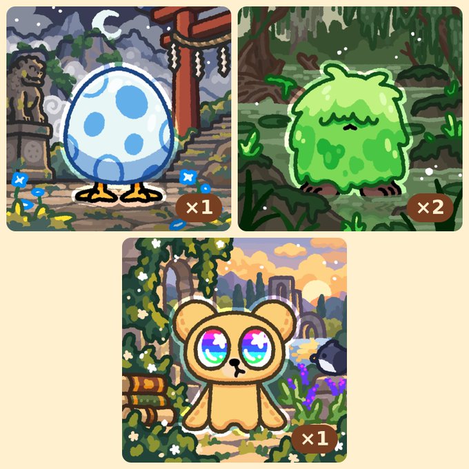 Three cartoon creature cards from a game, featuring a blue spotted egg-like character (x1), a green mossy creature (x2), and a yellow bear with rainbow eyes (x1), each displayed against thematic backgrounds.