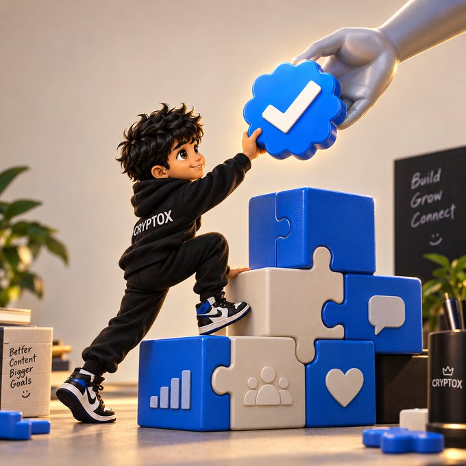 A 3D-rendered cartoon boy wearing a 'CRYPTOX' hoodie climbs on a structure of blue and white puzzle-piece blocks to receive a blue checkmark badge from a robotic hand.