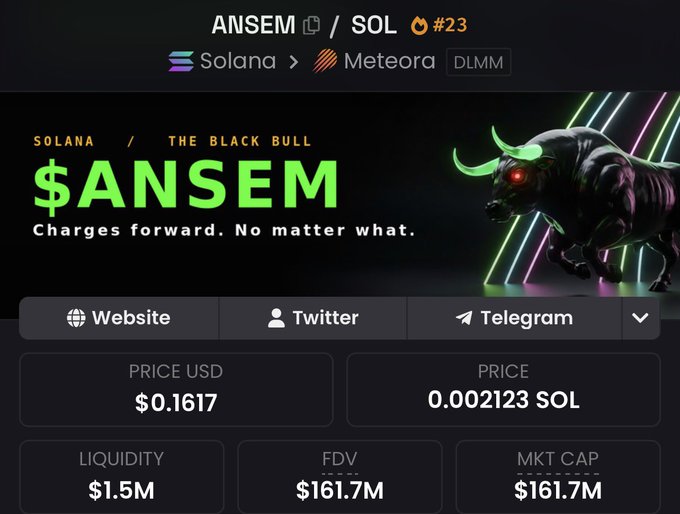 A token page for $ANSEM on the Solana network via Meteora (DLMM), tagged 'THE BLACK BULL', showing a price of $0.1617 USD (0.002123 SOL), liquidity of $1.5M, and market cap of $161.7M.