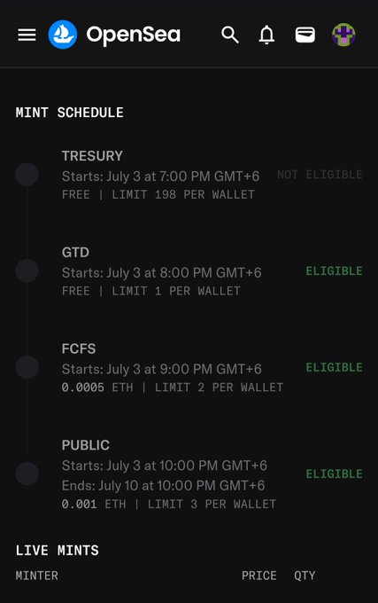 An OpenSea mint schedule showing eligibility and pricing for TRESURY (NOT ELIGIBLE), GTD, FCFS, and PUBLIC mints, with PUBLIC priced at 0.001 ETH and 3 per wallet limit.