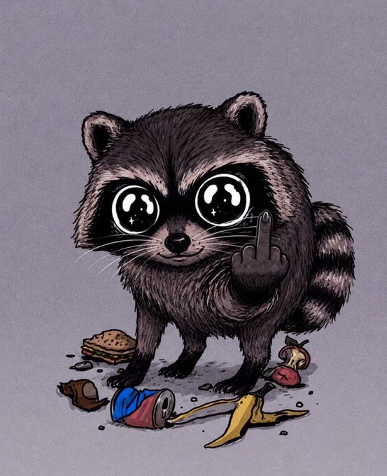 A cute illustrated raccoon with large glossy eyes gives the middle finger while standing among trash like a banana peel, crushed can, apple core, and food scraps.
