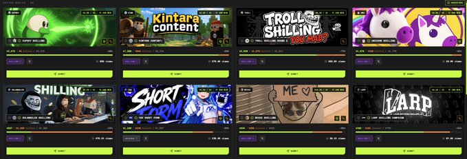 A grid of eight TikTok livestream thumbnails displays various crypto content including "TROLLS SHILLING," "GANG SHILLING," "KINTARA CONTENT," and "ME U" streams, all featuring green submit buttons with viewer counts ranging from approximately 9.3K to 84.2K, illustrating the live "baggers" actively promoting tokens through the Shillz platform mentioned in the post.