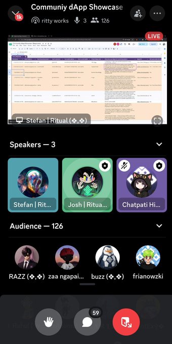 A mobile app screenshot of a 'Community dApp Showcase' by 'ritty works' with 3 speakers and 126 audience members, showing speaker profiles for 'Stefan | Ritual', 'Josh | Ritua...', and 'Chatpati Hi...'.
