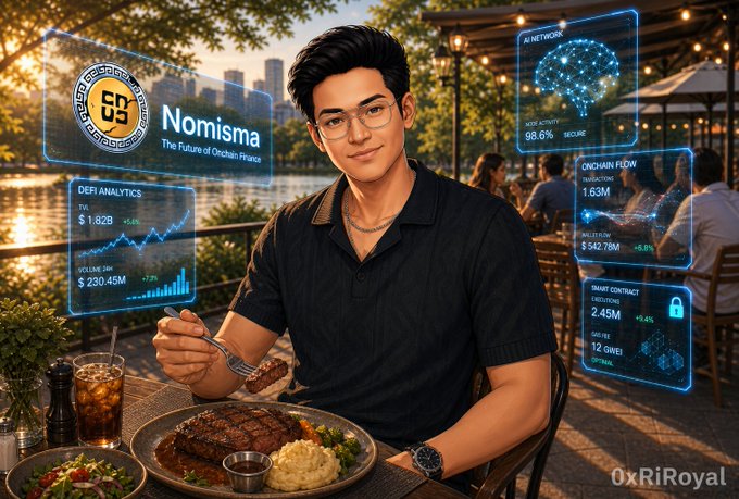 The image features a man sitting at an outdoor restaurant table with a plate of food in front of him. The scene includes several other people seated around the area, as well as various objects such as chairs, dining tables, and potted plants. There is also a cup on one of the tables. The post about AI agents and projects related to crypto seems unrelated to this specific image or setting.