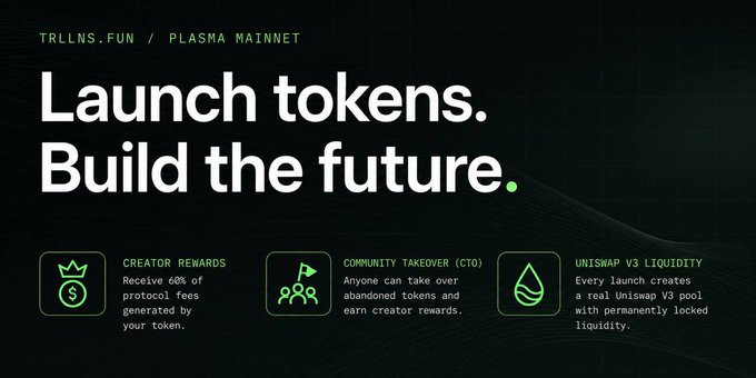 A promotional banner for trllns.fun on Plasma Mainnet featuring the tagline "Launch tokens. Build the future." with three key features: Creator Rewards (60% of protocol fees), Community Takeover (CTO), and Uniswap V3 Liquidity. The image visually reinforces the post's message about the emerging Plasma ecosystem by showcasing a token launch platform that enables creators to build projects with built-in liquidity and community governance features.