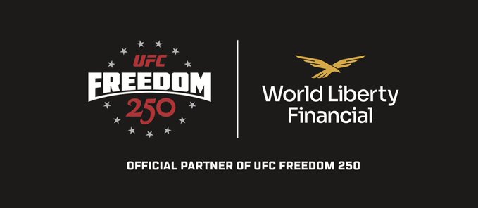 The image features two logos side by side against a black background. One logo represents the UFC (Ultimate Fighting Club) and the other represents World Liberty Financial. The text "I don't know if you're aware, but $WLFI has completely broken free from the self-sustaining crypto world it' s been frying in—it' s jumped straight into the heart of mainstream media, onto the big stage!" This statement suggests that the UFC Freedom 250 partnership is a significant event and has attracted attention due to its unconventional nature.