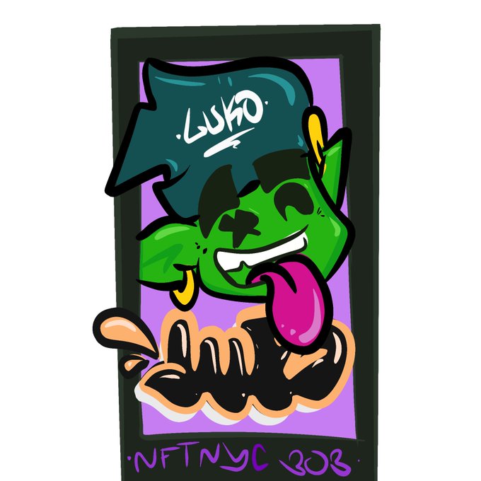 A graffiti-style illustration of a green monster-like character sticking out a pink tongue, wearing a dark shirt with 'LUSTRO' written on it, labeled 'NFT.NYC 2023' at the bottom.