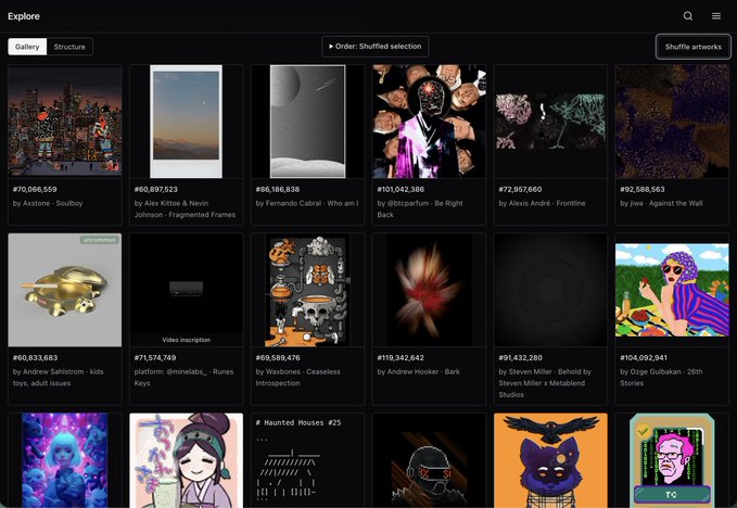 A screenshot of the Bitcoin Ordinals "Explore" gallery displays various NFT artworks including pieces like "Soulboy" (#70,066,559), "Fragmented Frames" (#60,897,523), and "Who am I" (#86,186,838), showcasing the platform's diverse digital art collection that aligns with the post's celebration of "Bitcoin and Art on Bitcoin."