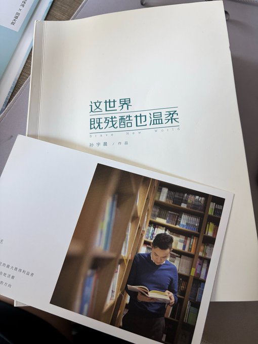 A photo book titled "这世界既残酷也温柔" (Break New World) by 孙宇晨 (Sun Yuchen) with the English subtitle, featuring a photograph of a man reading a book in a library.