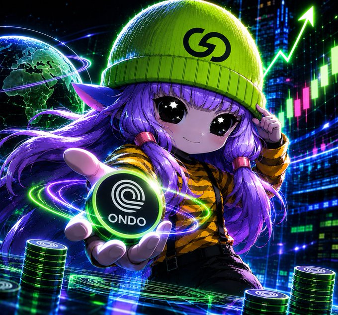 An anime-style purple-haired character in a green "ONDO" beanie presents a glowing "ONDO" coin, surrounded by candlestick charts, a globe, and rising arrows—visually symbolizing how Ondo's US Treasury–backed yield keeps capital active and tradable onchain, as highlighted by the "$100M" milestone.