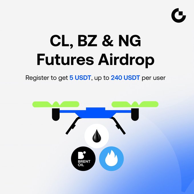 A promotional graphic for a commodities futures airdrop invites users to register for 5 USDT, with up to 240 USDT in rewards for trading $CL, $BZ (Brent Oil), and $NG futures, featuring a drone illustration alongside icons for oil, Brent Oil, and natural gas.