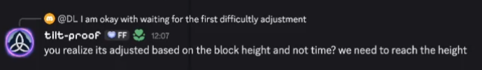 A Discord conversation shows user "@DL" stating "I am okay with waiting for the first difficulty adjustment," followed by user "tilt-proof" replying at 12:07, "you realize its adjusted based on the block height and not time? we need to reach the height," illustrating the confusion about Bitcoin difficulty adjustments referenced in the post.