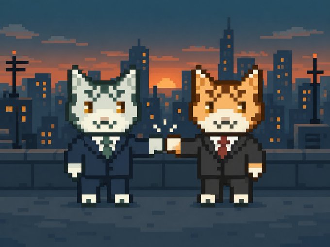 Image 3: Pixel art depicting two anthropomorphic cats in business suits—one white and one orange—holding what appears to be money, set against a city skyline at dusk.