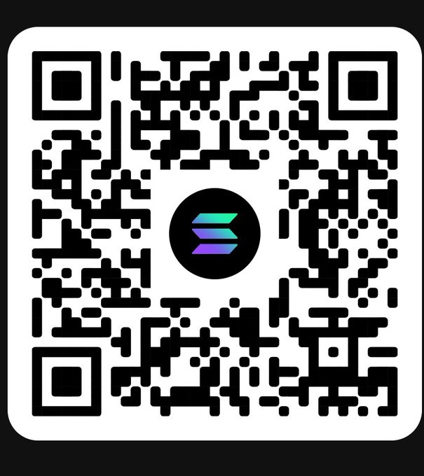 A black and white QR code with the Solana logo in the center.