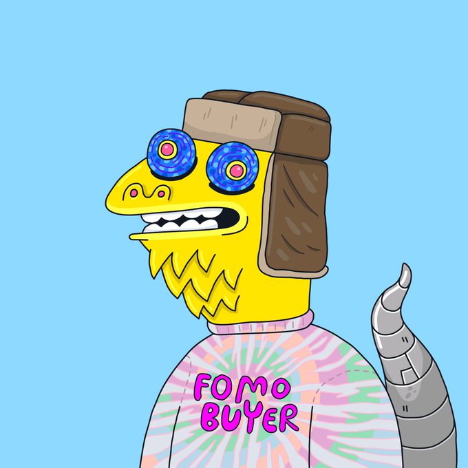 A cartoon illustration of a yellow dinosaur-like creature wearing a brown pilot hat, donut-shaped eyes, and a tie-dye shirt with 'FOMO BUYER' written in pink text.