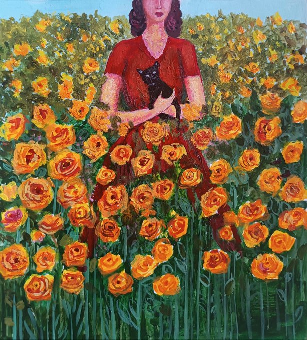 A colorful painting of a woman in a red dress holding a small black cat, standing in a vibrant field full of orange and yellow roses.