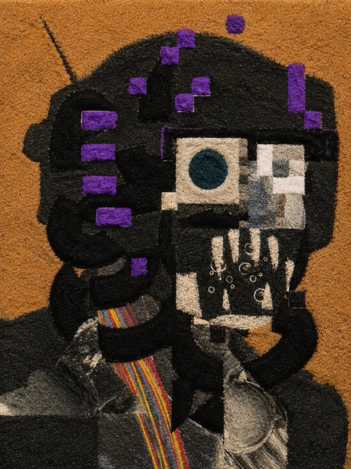 A pixelated, robotic portrait of a bearded figure wearing black-and-purple headphones against an orange background, featuring a single visible eye, skull-like teeth with bubble details, and a colorful striped scarf. The artwork's distinct, glitchy character and moody atmosphere align with the post's emphasis on "distinct character" and "a mood all its own," inviting viewers to find unexpected details within the piece's textured, fragmented composition.