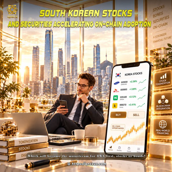 The image shows a businessman analyzing "KOREA STOCKS" (025930 Samsung +2.36%, 000660 SK Hynix +1.89%, 035420 Naver +3.12%, 068270 Krafton +2.41%) on a smartphone, with on-chain tokenization icons alongside books labeled "Tokenization Stocks" and "Digital Assets" set against a cityscape backdrop. The graphic promotes QNCX's role in accelerating the blockchain-based adoption of South Korean stocks and securities as tokenized real-world assets.