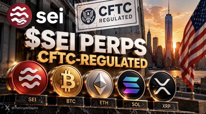 A promotional image announcing "$SEI PERPS CFTC-REGULATED" features the Sei logo alongside coins representing BTC, ETH, SOL, and XRP, set against a backdrop of the New York City skyline and an American flag with a "CFTC REGULATED" stamp, visually reinforcing the post's message about SEI joining other cryptocurrencies in accessing regulated U.S. perpetual futures markets.
