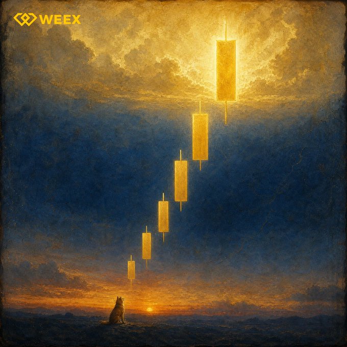 A small dog sits gazing up at a diagonal sequence of golden candlestick chart bars ascending into a dramatic, painterly sky, with the "WEEX" logo in the top-left corner—visually illustrating the concept "Believe in the candles," a play on the popular "Believe in something" meme, suggesting conviction in rising market signals.