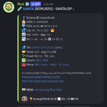 A Discord message from a user named 'Rick' advertising a Solana token at address SANTA, showing token details including a contract address and stats like FDV 829K, Liq 45.7K, Vol 140K, and 'Introducing Rick Hub'.