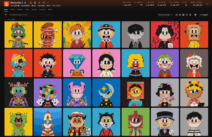 A screenshot of the Wackyville NFT marketplace on Magic Eden showing a grid of colorful cartoon character NFT collectibles, with floor price data of 1.95 ETH at the top.