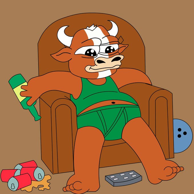 A colorful cartoon illustration of an anthropomorphic brown bull wearing green clothing, sitting in a brown armchair holding a green bottle, surrounded by spilled cans, a remote, and a bowling ball.