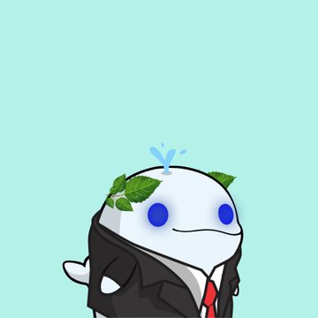 A white whale-like cartoon character wearing a black suit and red tie, adorned with a green leaf on its head and a small blue water bubble/splash above it, is depicted against a teal background. The image illustrates the user's excitement about acquiring their first two NFTs from the "Whacky Whales" collection, with the leaf paying tribute to "FallenNeogods" and the bubble symbol being a notable feature of the series.