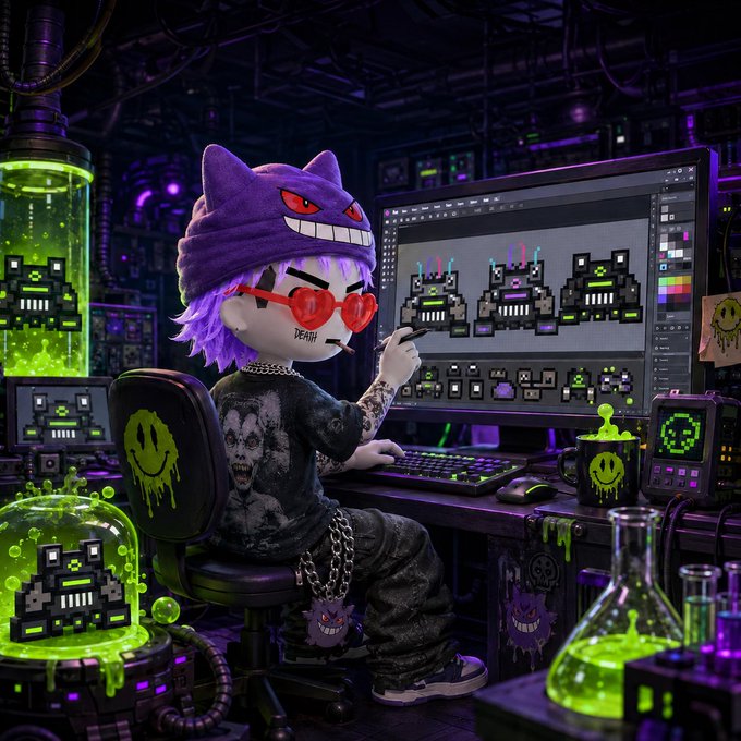 A digital artwork shows a stylized character wearing a purple Gengar hat and red sunglasses, designing pixel-art invaders on a monitor in a neon-lit, green-sludge-filled lab environment.