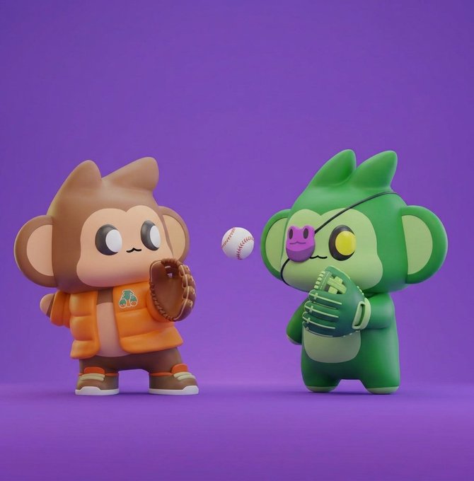 Two 3D-rendered cartoon monkey characters, one brown wearing an orange jacket and one green with an eye patch, standing against a purple background and facing each other with a baseball between them.