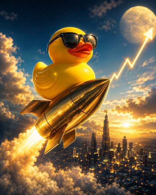 A humorous digital illustration of a yellow rubber duck wearing black sunglasses, riding a gold rocket upwards over a city skyline at sunset, with an upward-pointing arrow nearby.