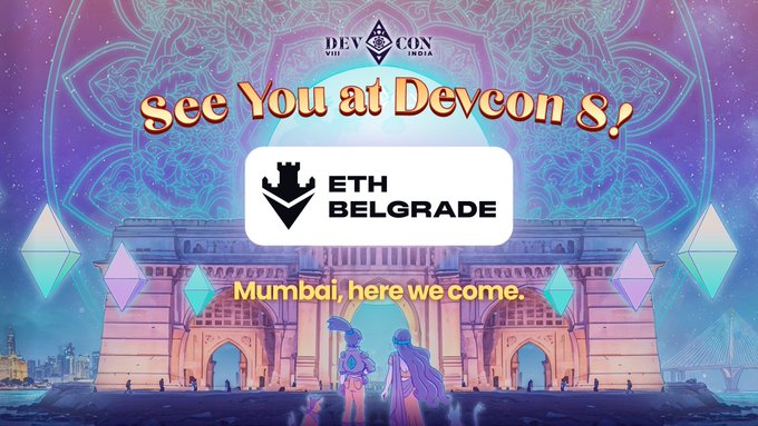 A promotional graphic for Devcon 8 featuring the Gateway of India in Mumbai with the text 'See You at Devcon 8!', 'ETH BELGRADE', and 'Mumbai, here we come.'