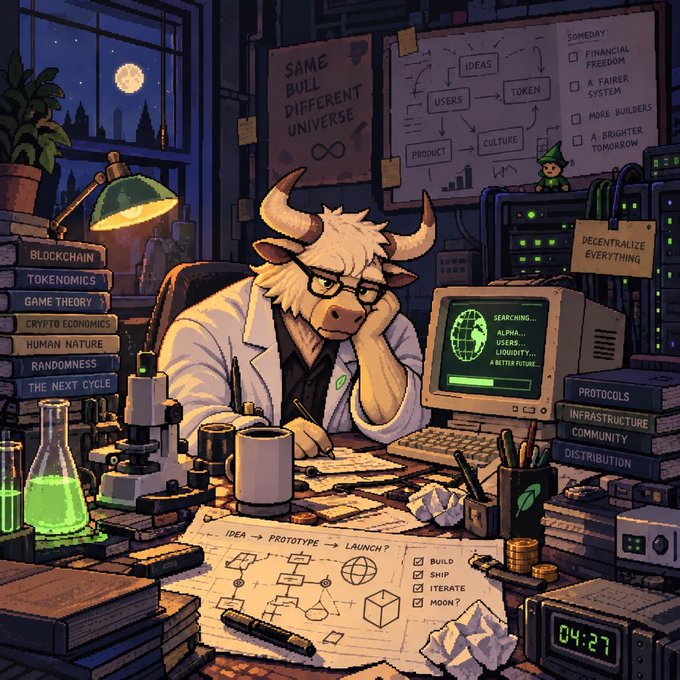A pixel-art illustration depicts a horned, bespectacled "bull" researcher working late at a cluttered desk, surrounded by books on "BLOCKCHAIN," "TOKENOMICS," and "HUMAN NATURE," a whiteboard reading "SAME BULL DIFFERENT UNIVERSE," and a computer screen showing "SEARCHING... ALPHA... USERS... LIQUIDITY... A BETTER FUTURE..." The scene visualizes the post's message of nonstop developer work on "Tauronomics," portraying the mascot as the dedicated builder shaping new utility tech for the "RobinHood" chain.