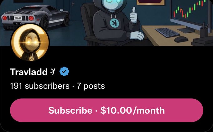 A social media profile page for "Travladd" featuring a hooded cartoon character in a gaming/trading setup with a Ford GT, displaying 191 subscribers and 7 posts with a "Subscribe · $10.00/month" button. The profile celebrates reaching 191 as an all-time subscriber high while promoting an upcoming $CATE space giveaway for subscribers.