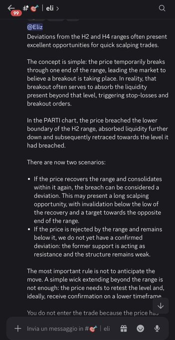 A screenshot of a Telegram chat featuring @Eliz explaining a trading concept about H2 and H4 range deviations and liquidity breakouts, specifically referencing the $PARTI chart mentioned in the accompanying post.