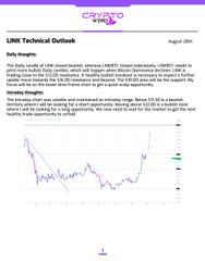 A daily insights report titled 'LINK Technical Outlook' dated August 20th, featuring a purple candlestick chart of Chainlink's price action and analysis text.