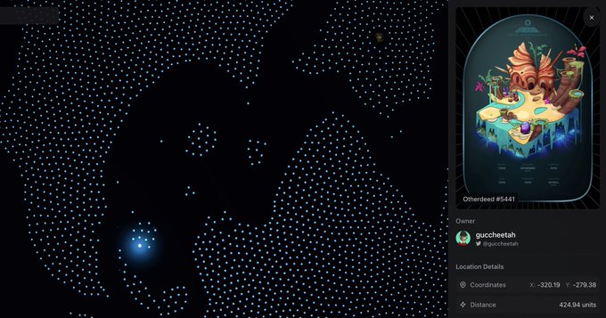 A pixel-art map interface displays a dotted constellation-like pattern with a highlighted 'Otherdeed #5441' NFT owned by 'guccheetah', showing coordinates X -320.19, Y -279.38.